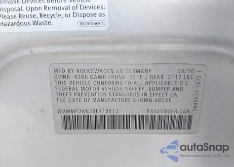 2011 Volkswagen Cc Sport из США, поврежденный, VIN WVWMP7AN3BE719913